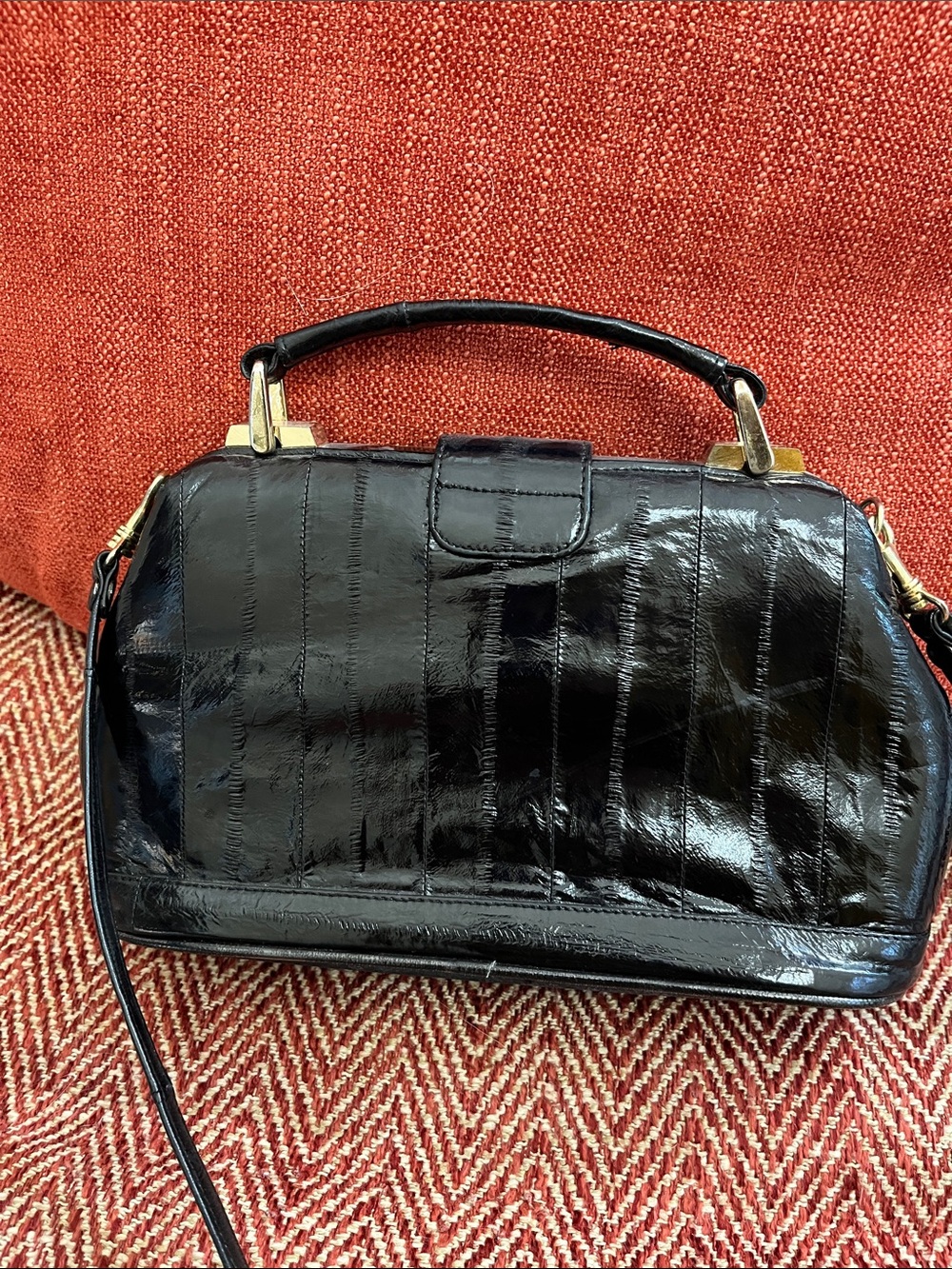Glossy Eal skin Top-Handle Crossbody Bag with Gold Hardware - Picture 2 of 5